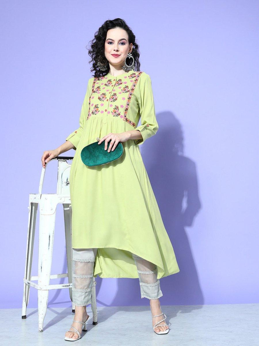 All About You Women Green Floral Embroidered Mirror Work Floral Anarkali Kurta