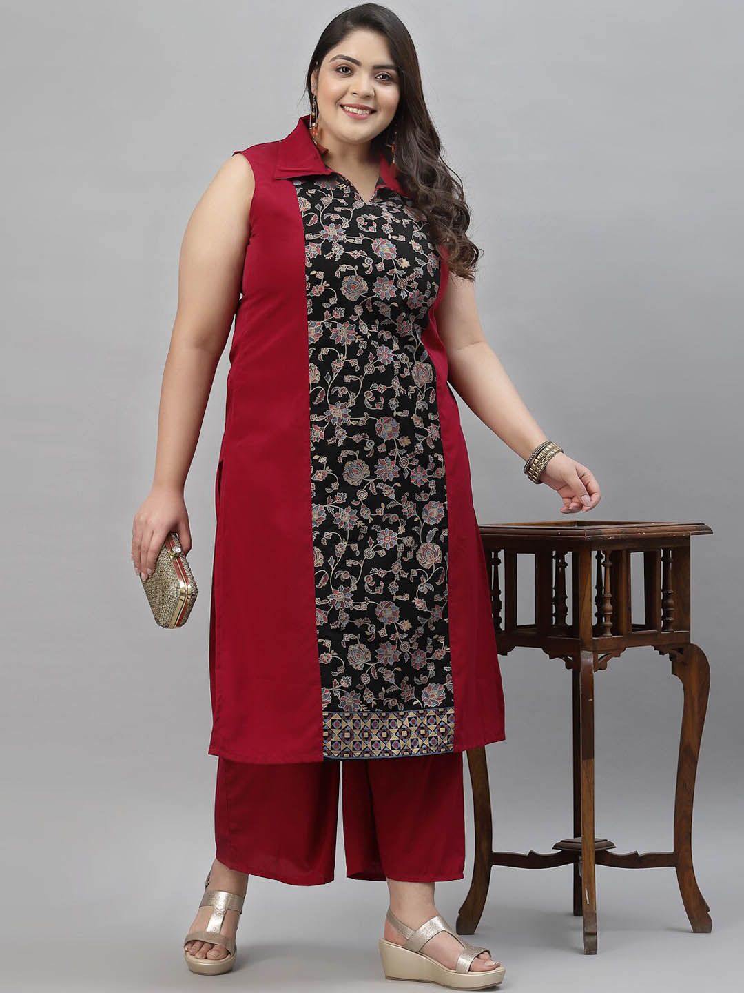 Sztori Plus Size Floral Printed Shirt Collar Straight Crepe Kurta with Palazzos