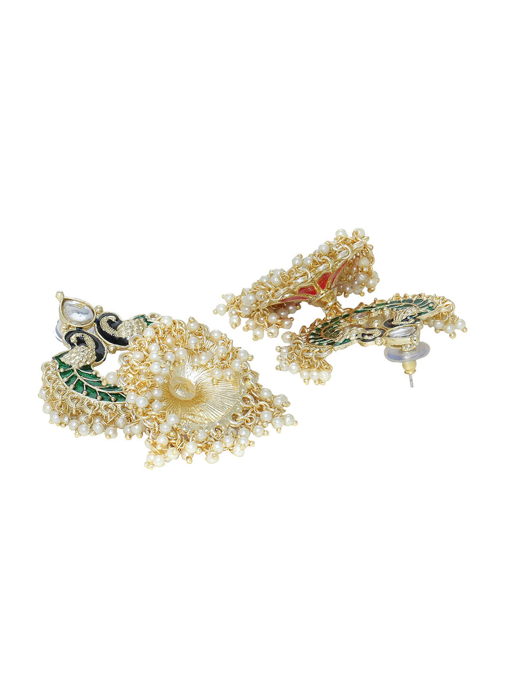 Shoshaa Gold-Polished Green Enamelled Peacock Shaped Jhumkas