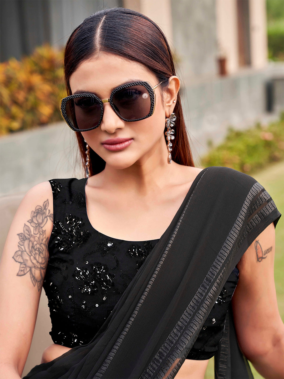 Tikhi Imli Black Striped Sequinned Saree