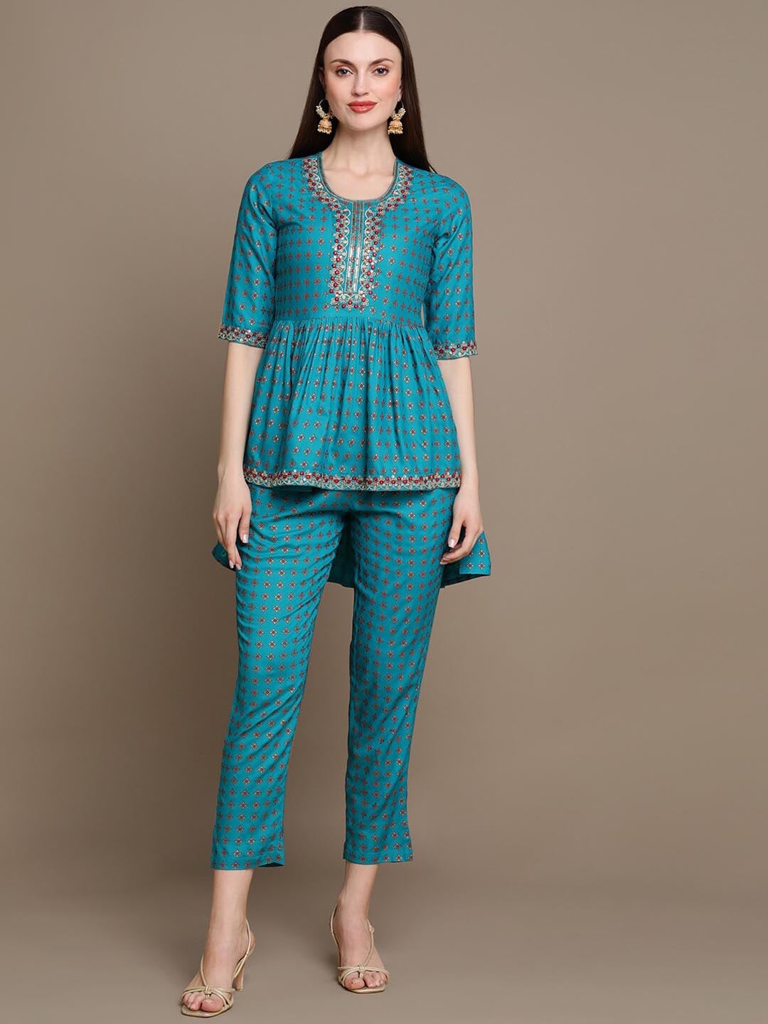 HERE&NOW Ethnic Motifs Embroidered Thread Work & Sequinned High-Low Kurti with Trousers