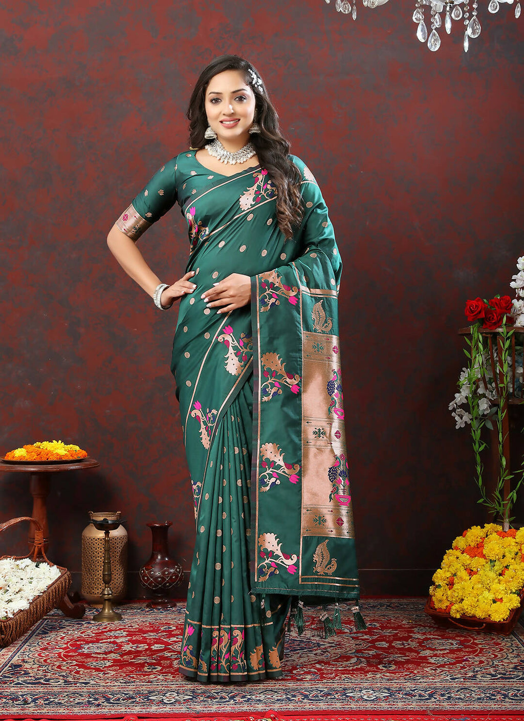 Lorenvalley Fashion Green Soft Paithani Silk Woven Design Copper Zari Meenakari Weaving Saree