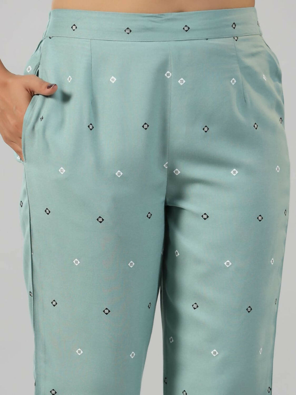 Juniper Women Sage Green Rayon Staple printed Kurta and Pants Set