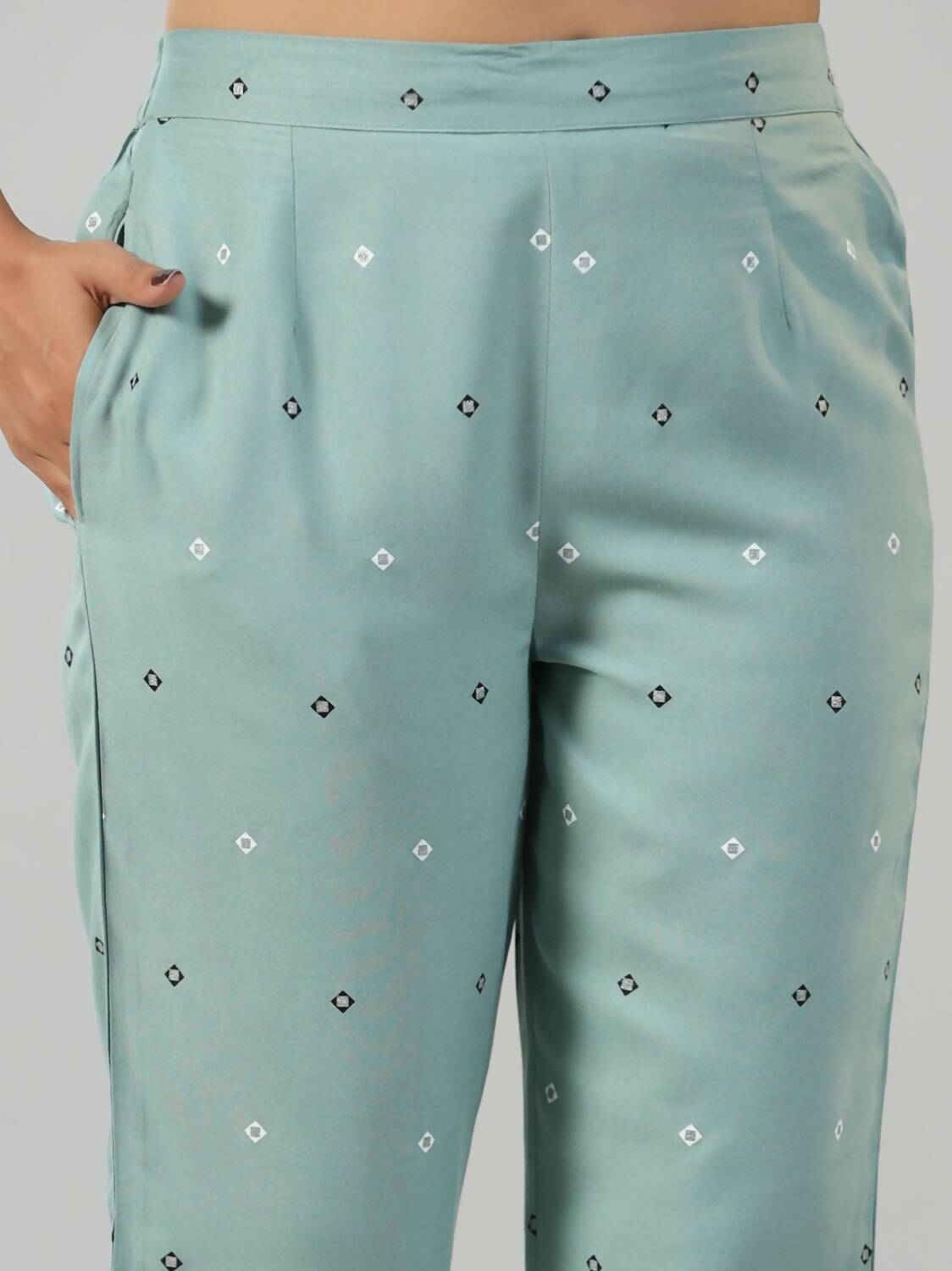 Juniper Women Sage Green Rayon Staple printed Kurta and Pants Set