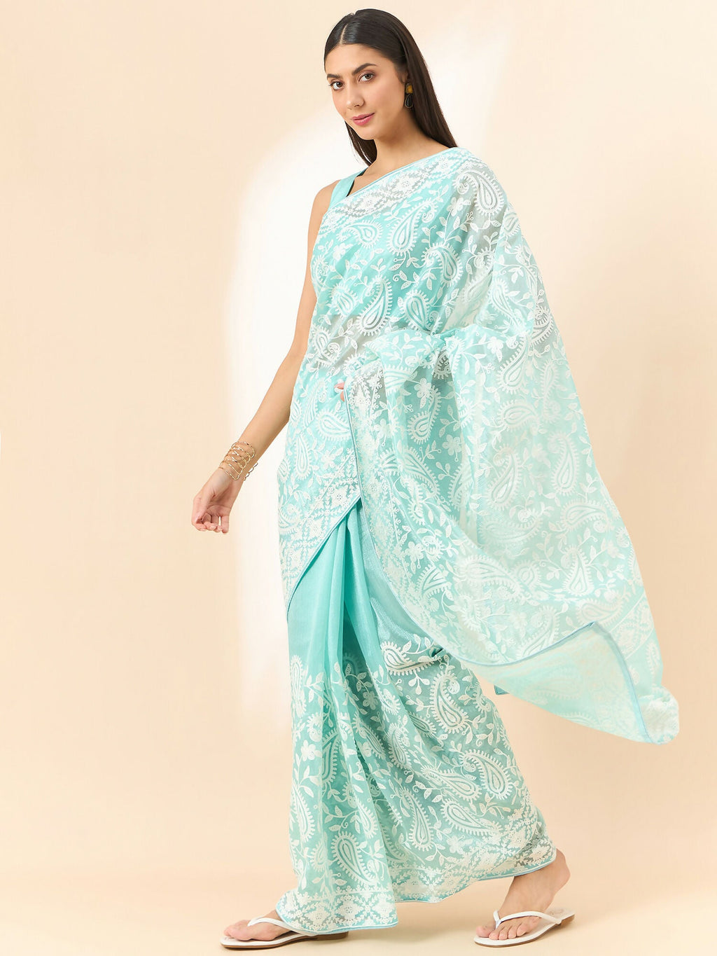 Blue Organza Paisely Embroidered Saree with Unstitched Blouse Piece - Roozal