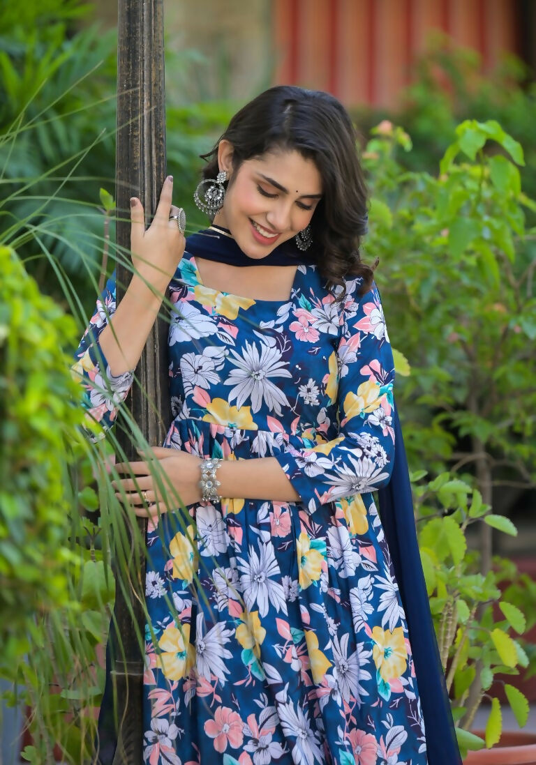 Designer Stylish Blue Ab Cotton Suit With Dupatta - Anbazaar