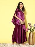 InWeave Women's Wine Navy Brocade Satin Oneshoulder Kurta Set