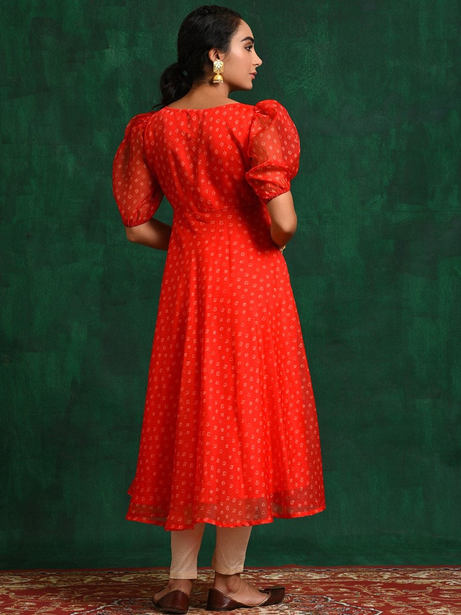 Aks Geometric Printed Sweetheart Neck Puff Sleeves Anarkali Kurta