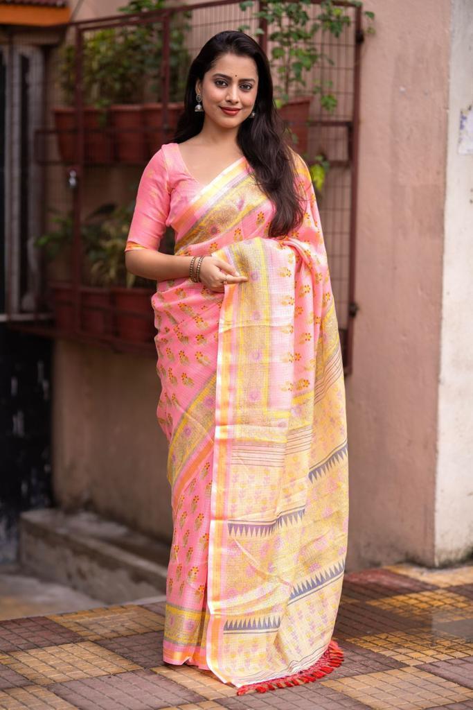 Pink Silk Blend Geometric Saree with Unstitched Blouse - Hiral Fashion