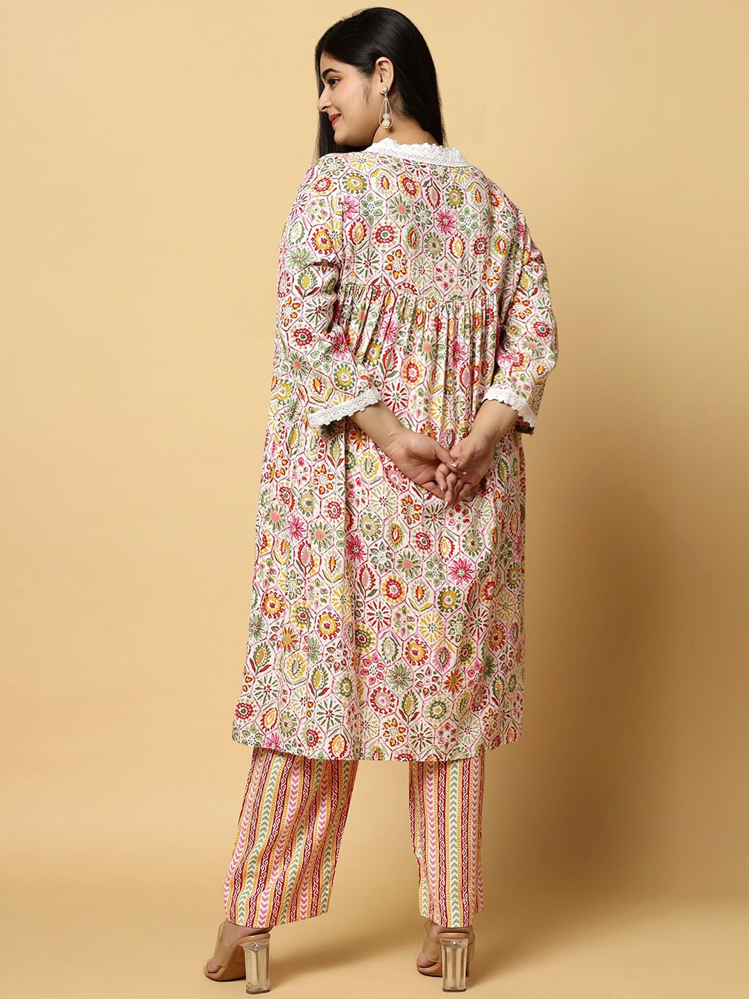 Sztori Plus Size Floral Printed V- Neck Pleated Pure Cotton A-Line Kurta With Lace Detail