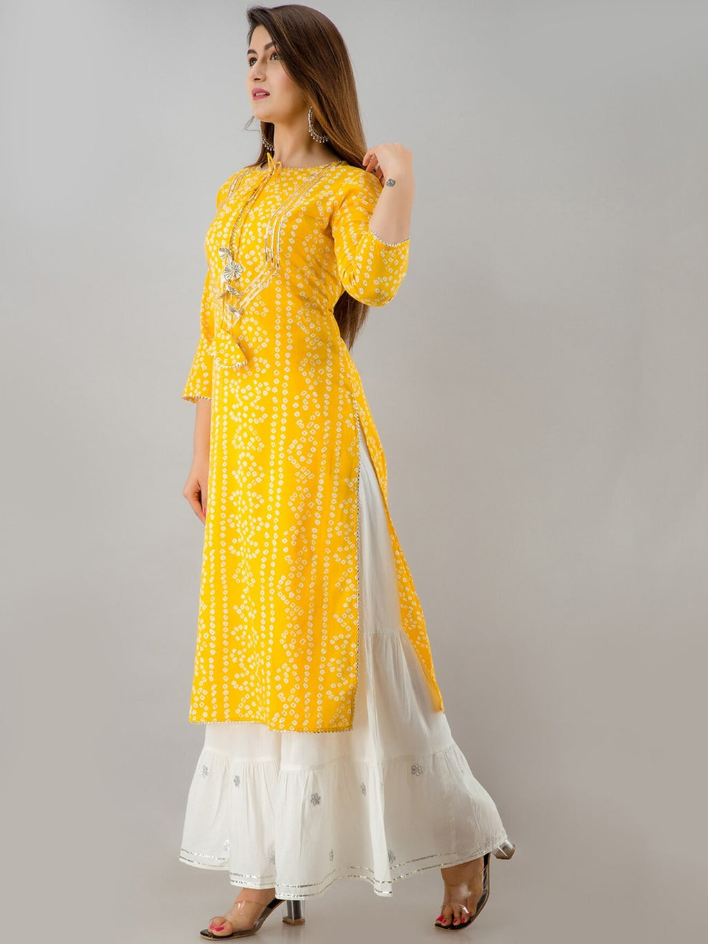 HERE&NOW Yellow & White Bandhani Printed Gotta Patti Kurta with Sharara