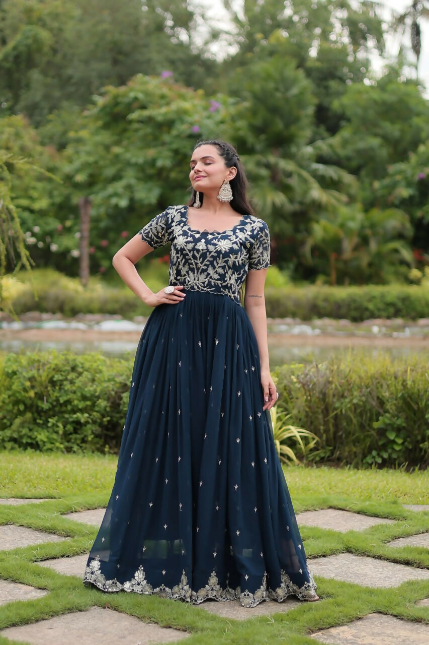 Vastranavya Premium Designer Faux Blooming with Coding Sequins Embroidery work Gown - Teal