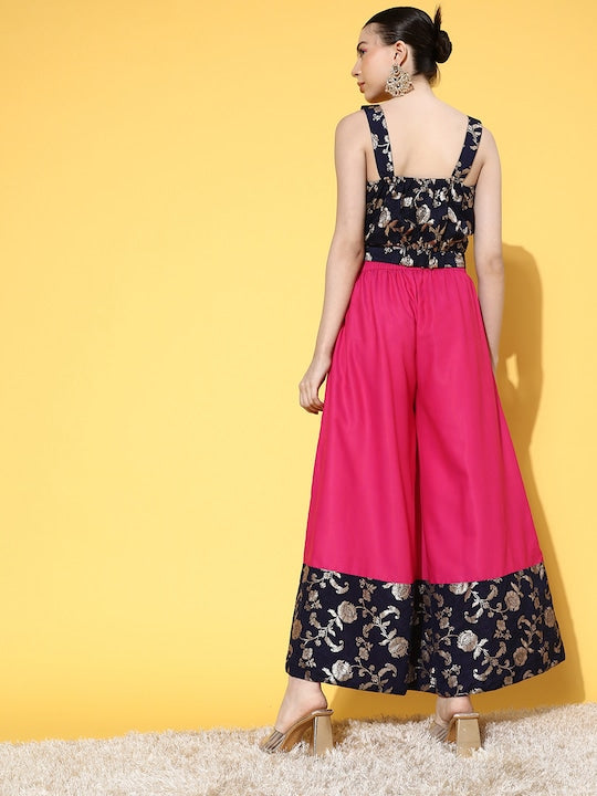 InWeave Women's Blue Brocade Strappy Top W Fuchsia Blue Brocade Palazzo Set
