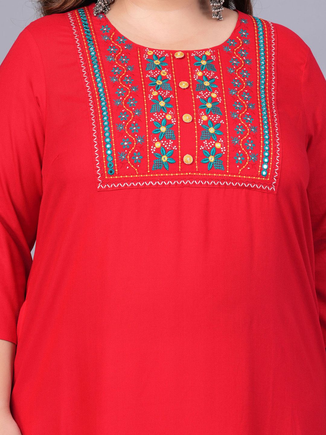 Sztori Plus Size Embroidered Yoke Design Round Neck Three-Quarter Sleeves Straight Kurta