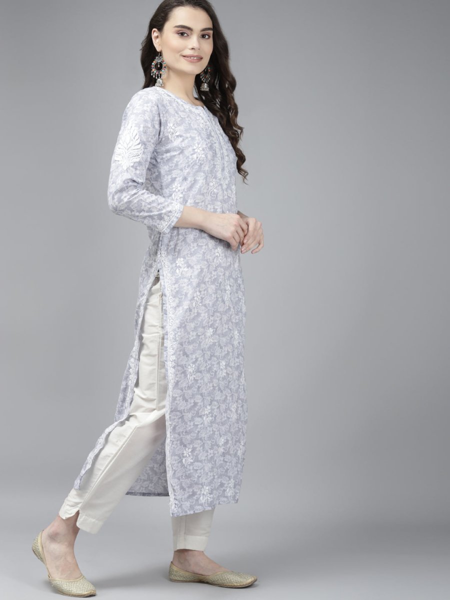 ADA Women Grey & White Floral Chikankari Cotton Handloom Kurta