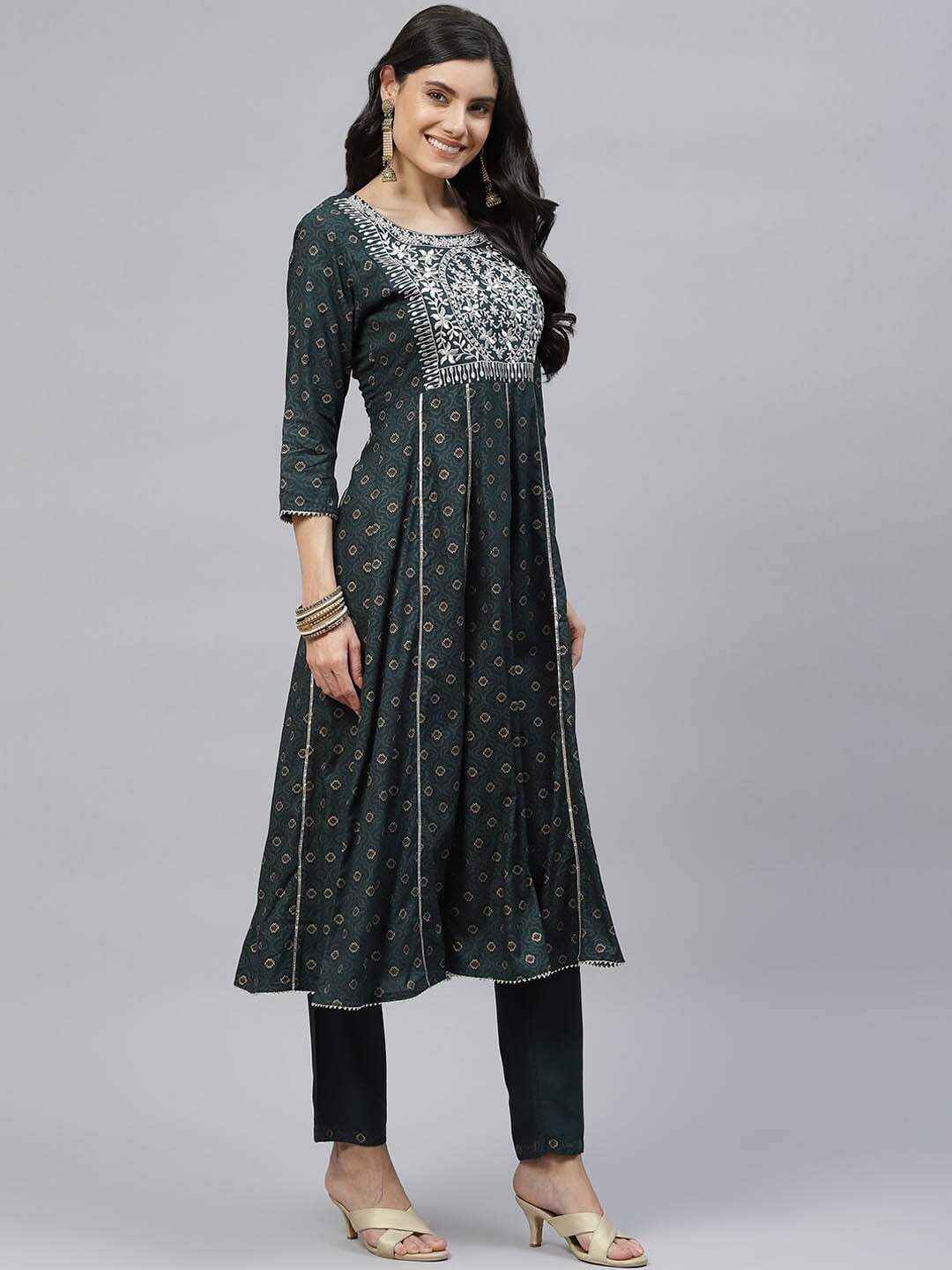 HERE&NOW Women Green Floral Embroidered Empire Kurta with Trousers & With Dupatta