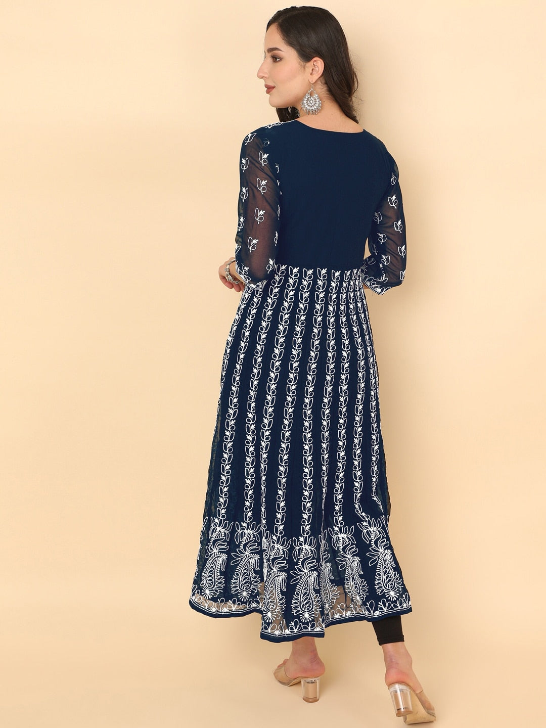 HERE&NOW Women Chikankari Embroidered Thread Work Georgette Anarkali Kurta