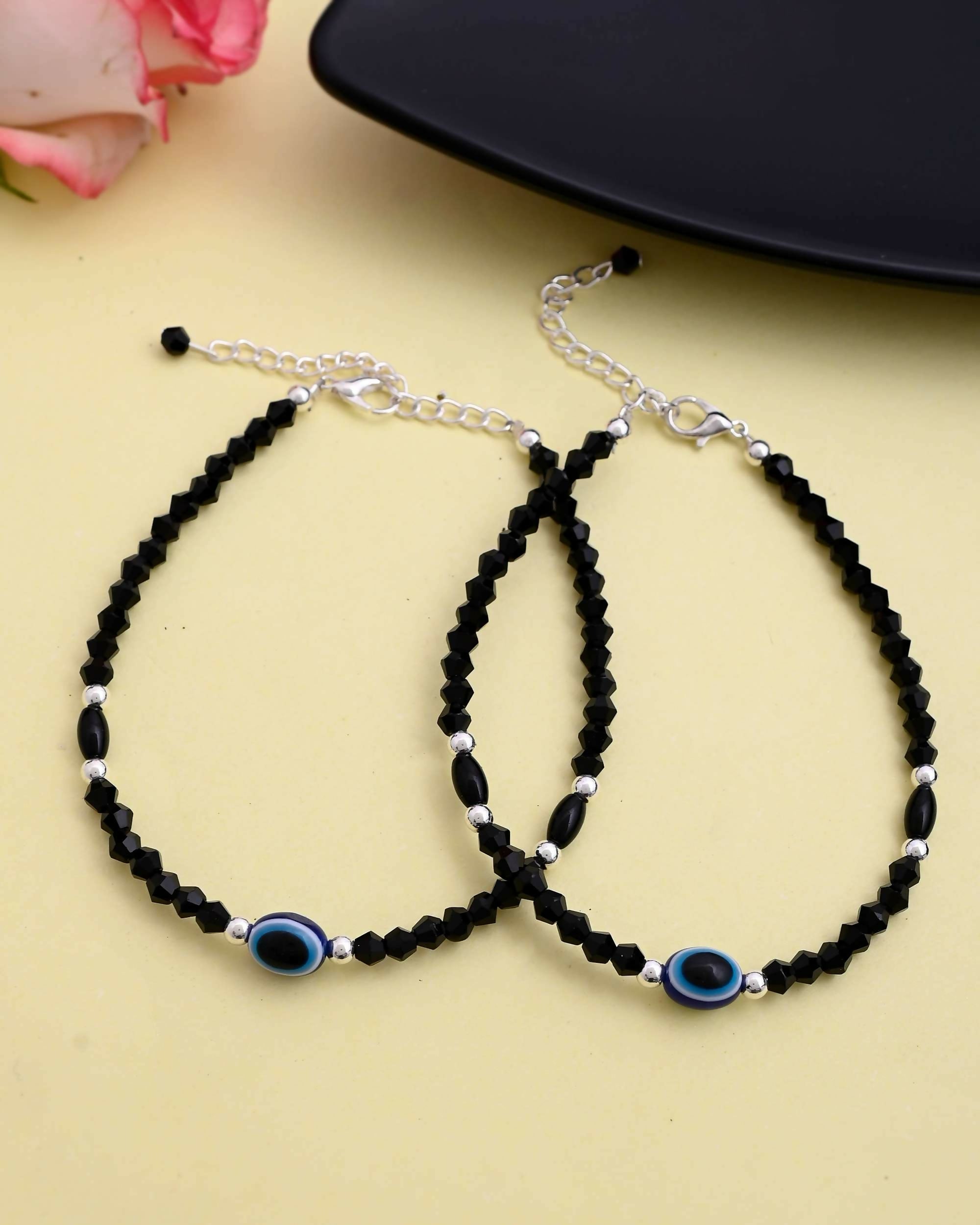 VOJ Set of 2 Evil Eye Black Beads Adjustable Anklet