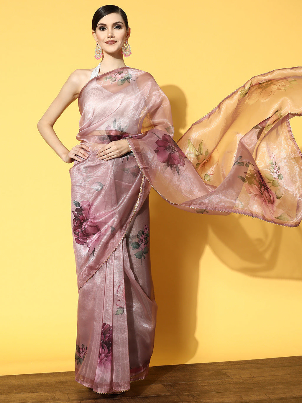 Tikhi Imli Pink & Green Floral Organza Saree