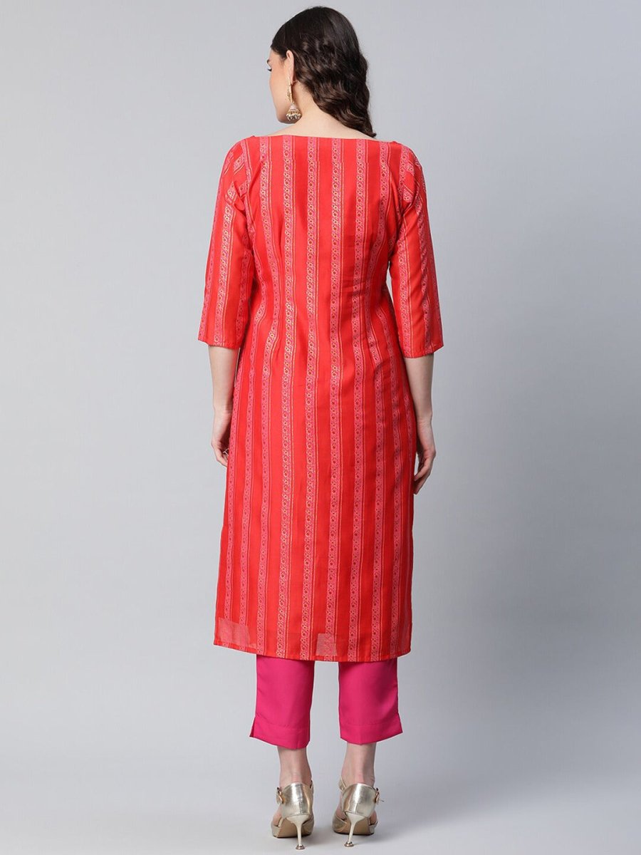 Ahalyaa Women Red Striped Kurta with Trousers