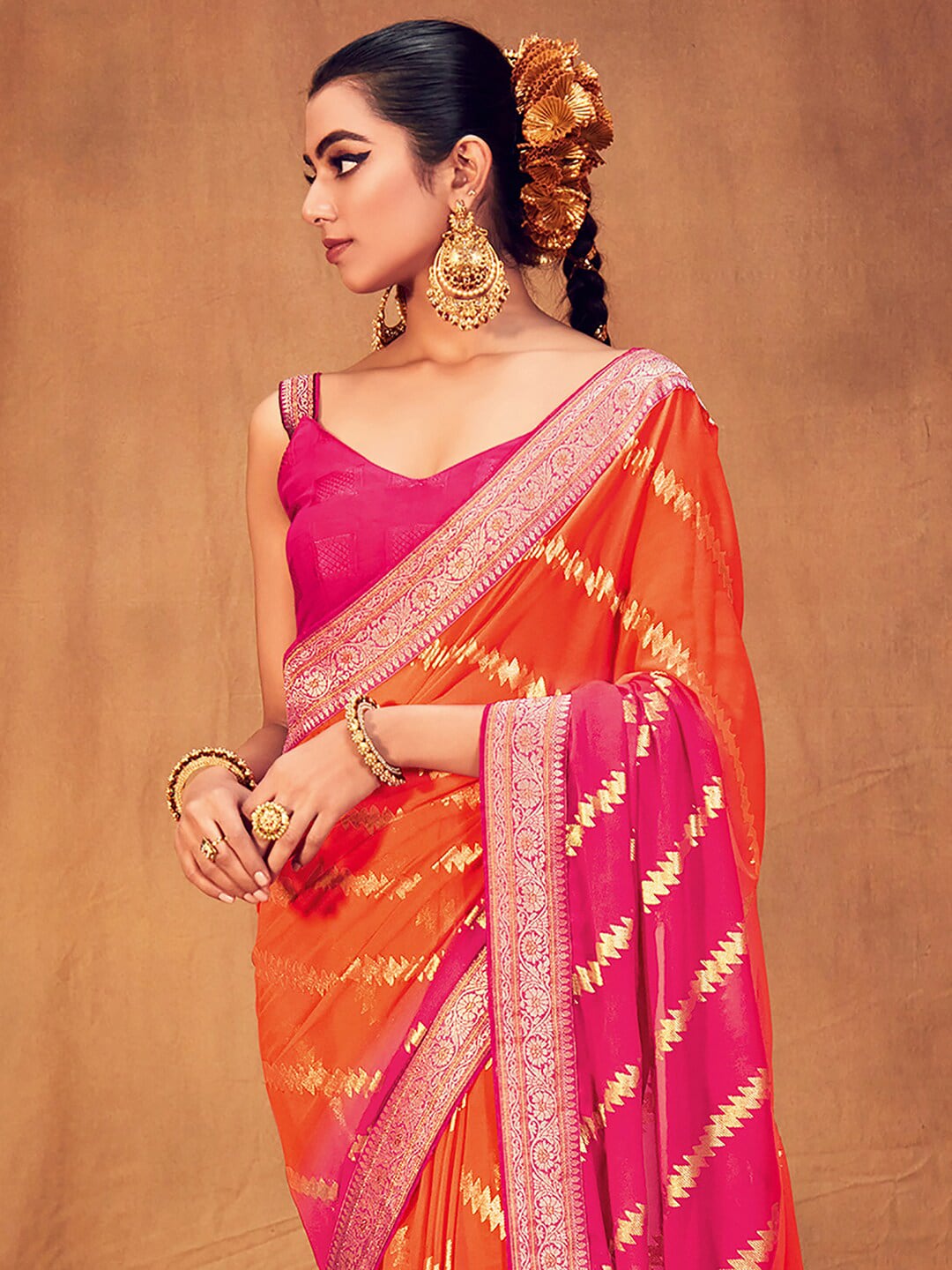Saree Mall Striped Woven Design Zari Pure Georgette Sarees