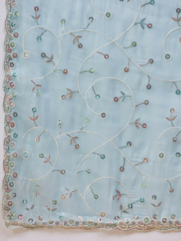 Blue Organza Sequence Embroidered Saree with Unstitched Blouse - Satya