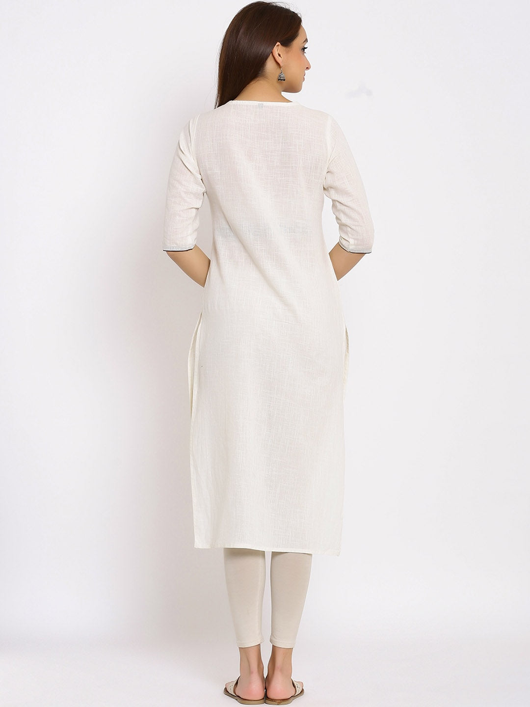 HERE&NOW White & Maroon Geometric Yoke Design Thread Work Straight Kurta