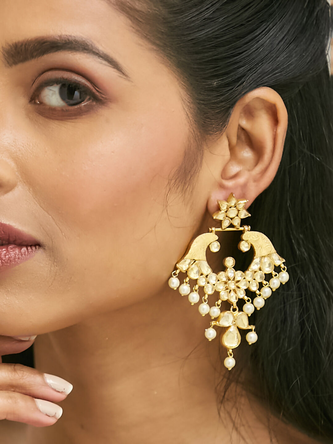 Nuyug 22K Gold-Plated Kundan and Pearl Earrings with Floral Stud and Intricate Crescent Design Chandbalis