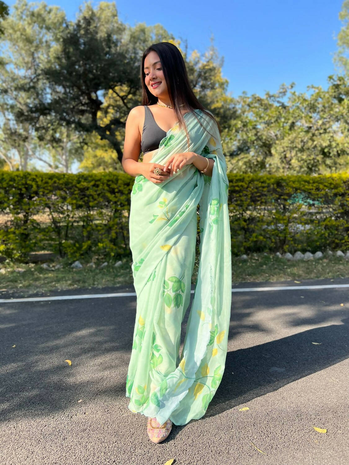 Vamsee Green Chiffon Designer Saree