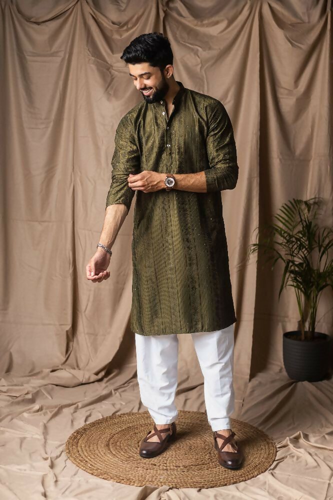 Mehandi Green Rayon Thread Embroidery Work Kurta Set - Mahotsav