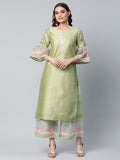 Ahalyaa Women's Light Green Poly Silk Gold Printed Kurta Palazzo Set