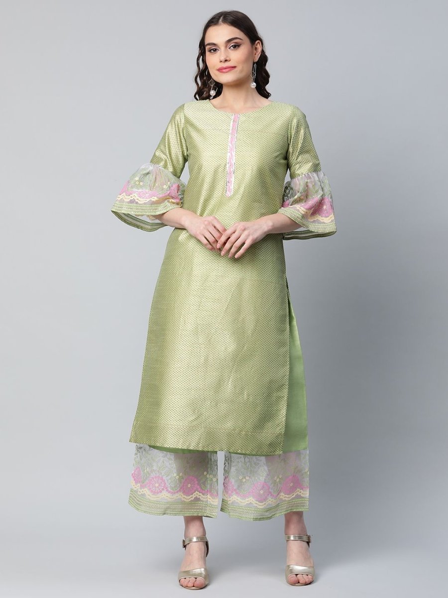 Ahalyaa Women's Light Green Poly Silk Gold Printed Kurta Palazzo Set