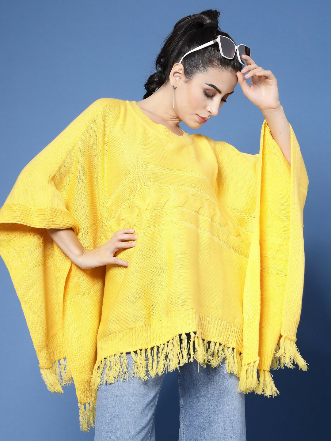 Women Yellow Acrylic Self Design Poncho - Wool Trees