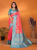 Joban Fashion Banarasi Tomato Red Woven Soft Silk Saree