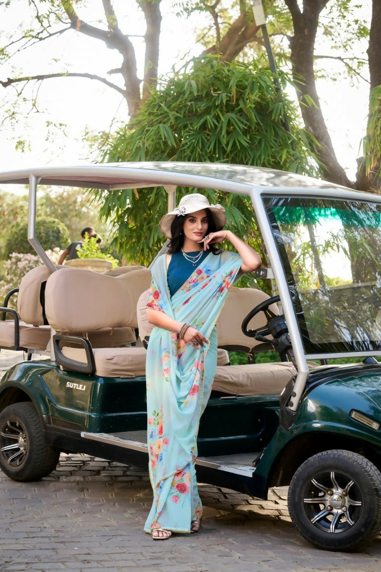 Vastranavya Sea Blue Weightless Marble Printed & Pearl Lace Border Saree with Unstitched Blouse