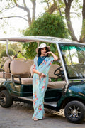 Vastranavya Sea Blue Weightless Marble Printed & Pearl Lace Border Saree with Unstitched Blouse
