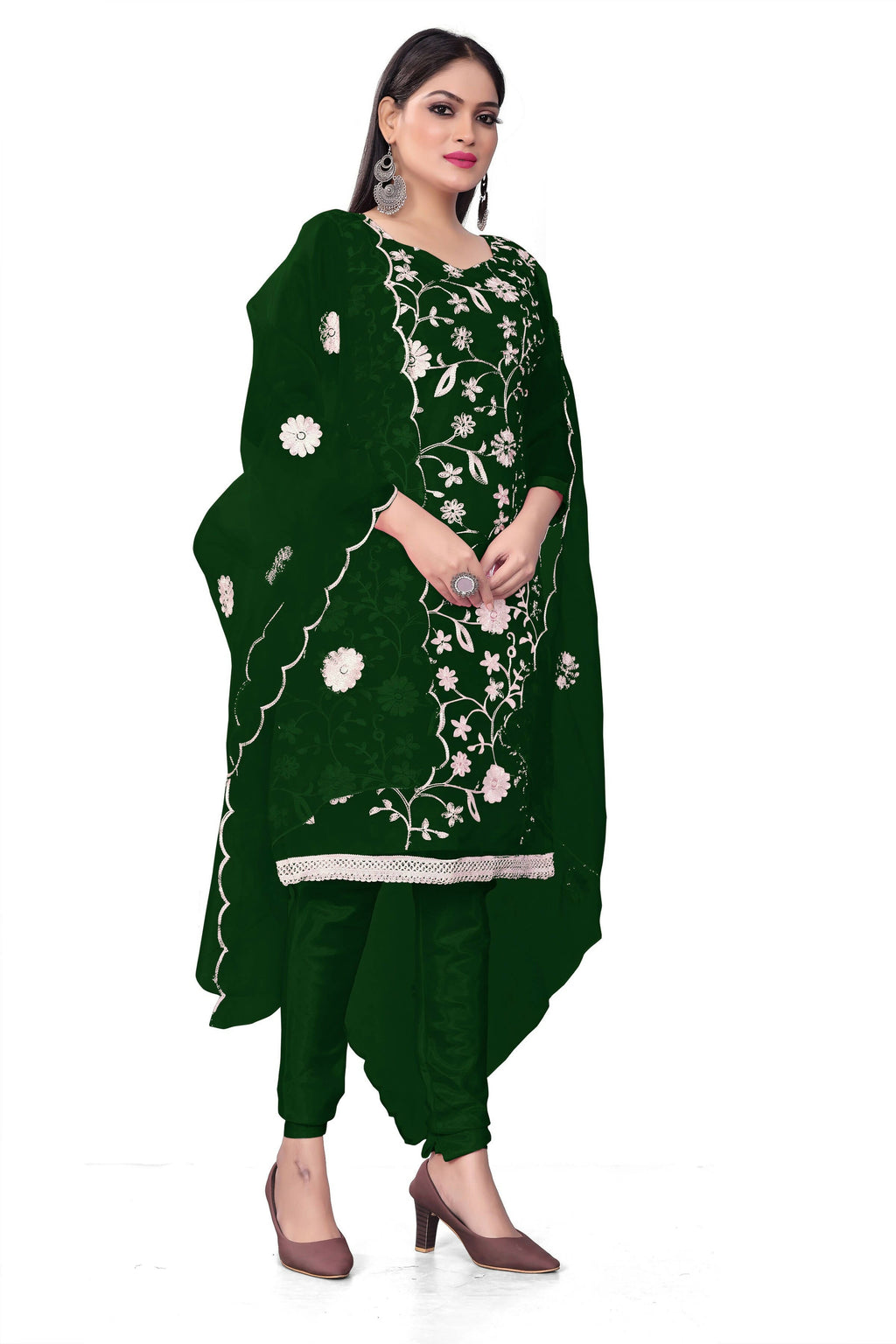 Green Organza Silk Embroidered Work Unstitched Dress Material - Tanvi