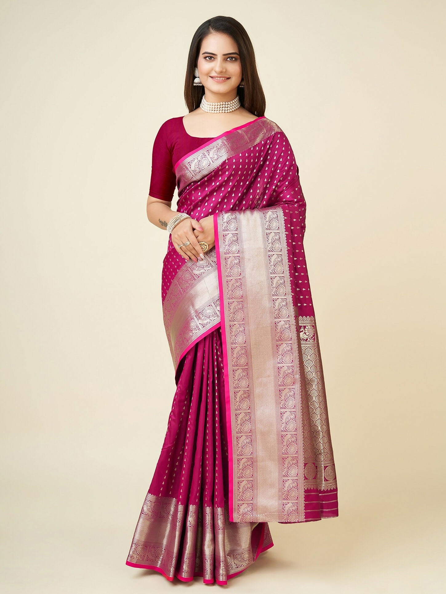 Joban Fashion Rani Pink Small Butti Banarasi Silk Sarees