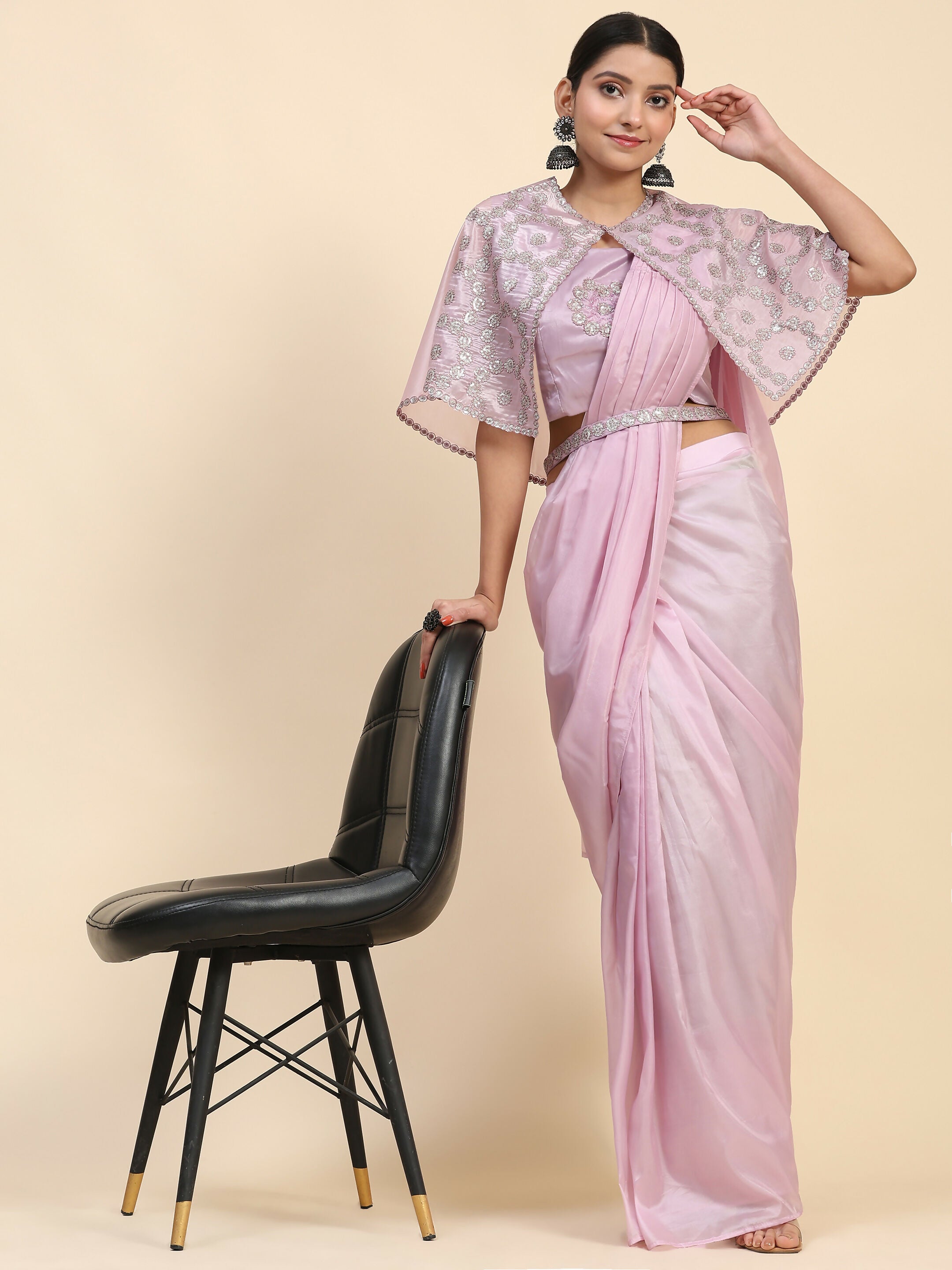 Light Lavendar Satin Solid Ready to wear Saree with stitched Blouse - Vanita