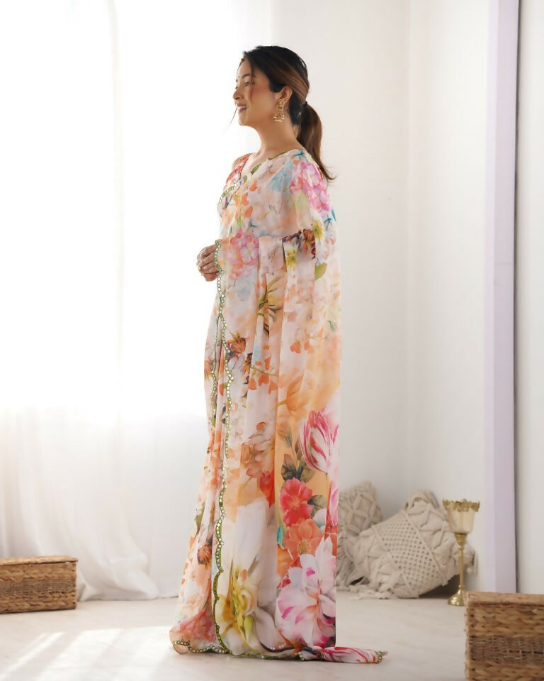 Multy Chinon Designer Digital Printed & Mirror Cut Work Saree - Kriti