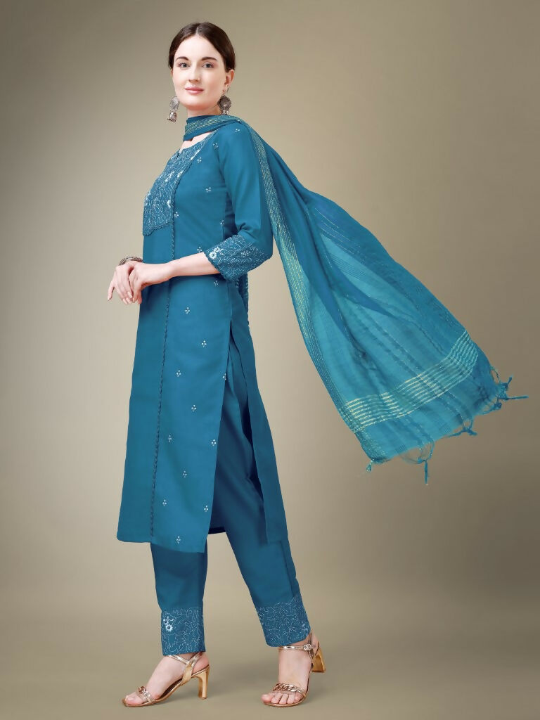 Jyoti Fashion Women's Morpich Cotton Blend Embroidery & Fancy Lace work Kurta with Trouser & Dupatta