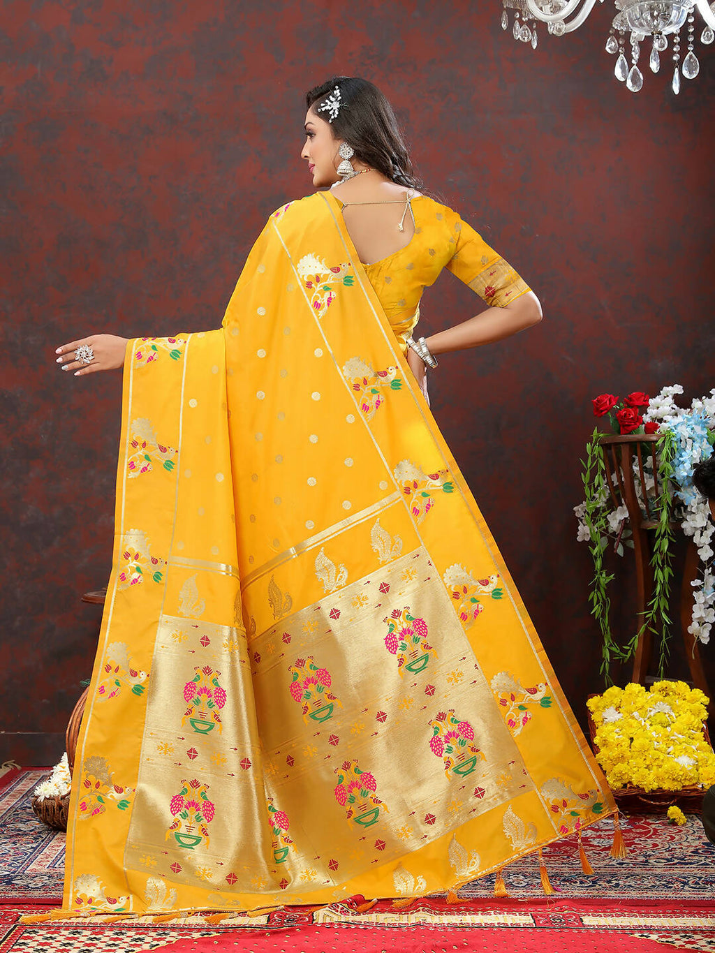 Lorenvalley Fashion Gold Soft Paithani Silk Woven Design Gold Zari Meenakari Weaving Saree