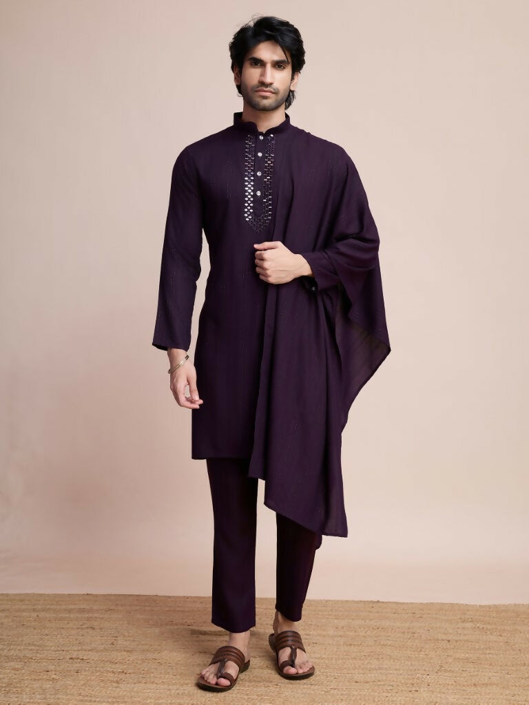 Vastranavya Traditional Festival Wear Viscose Thread & Sequence Embroidered Work Kurta Pant Set - Purple