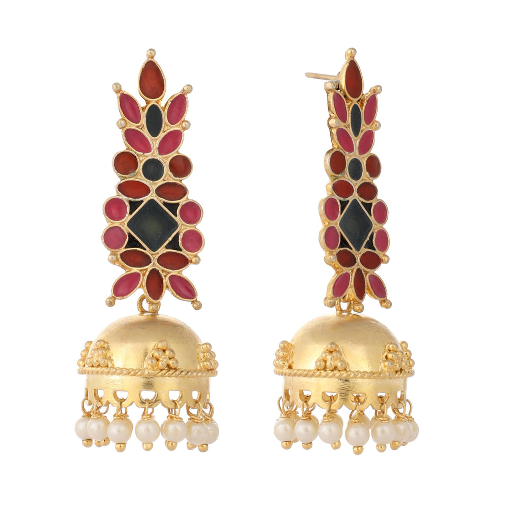 Nuyug 22K Gold-Plated Enamel & Beaded Dome Shaped Jhumka Earrings