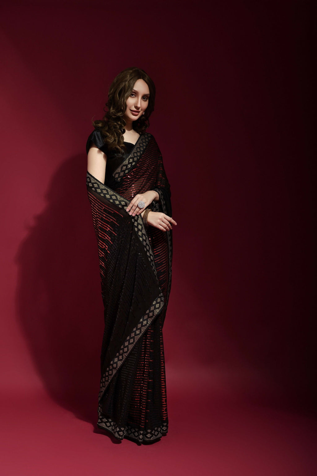 Vegaa Fashion Black Georgette Embroidered Party Wear Saree