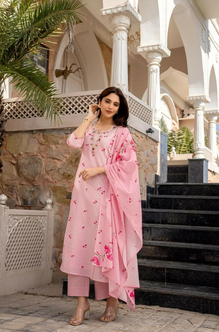 The52 Pink Women's Beautiful Chanderi Fabric Printed Work Straight Kurta Pant and Dupatta Set