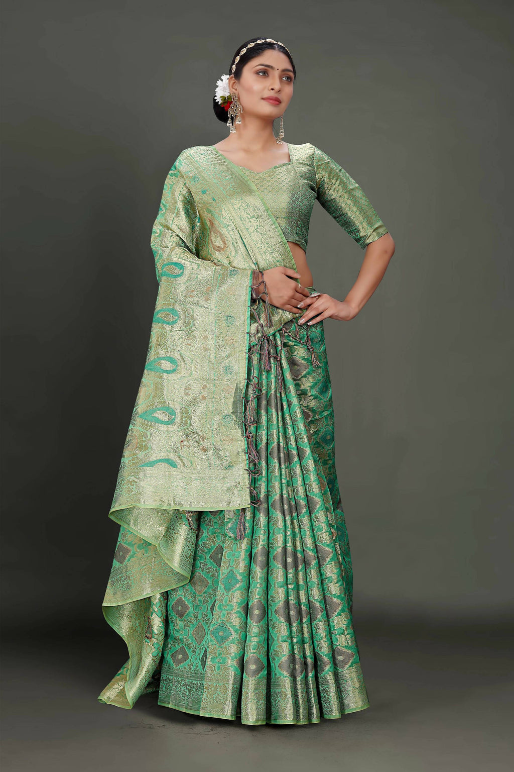 Sea Green Soft Organza Woven Design Saree With Unstitched Blouse Piece - Zaara