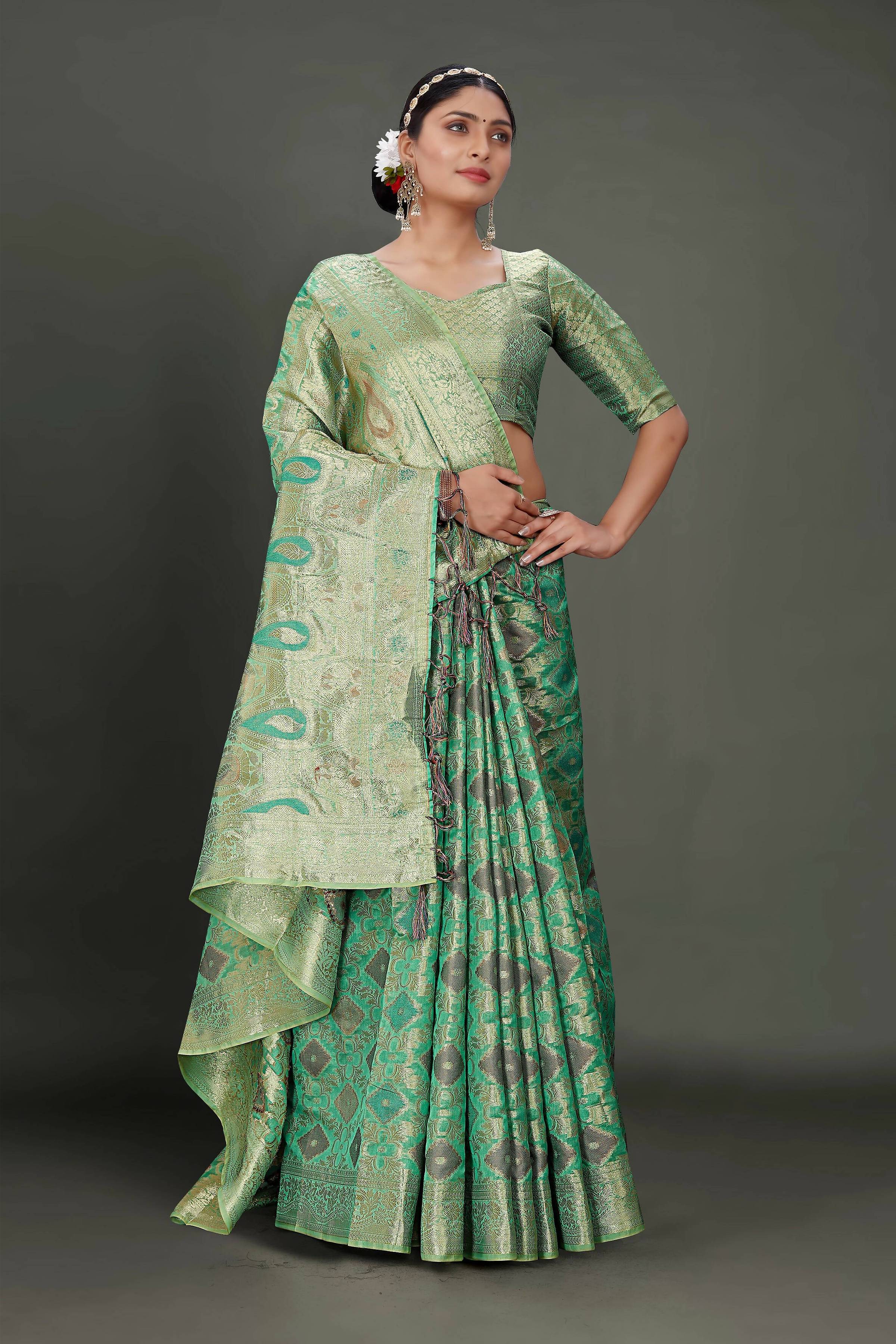 Sea Green Soft Organza Woven Design Saree With Unstitched Blouse Piece - Zaara