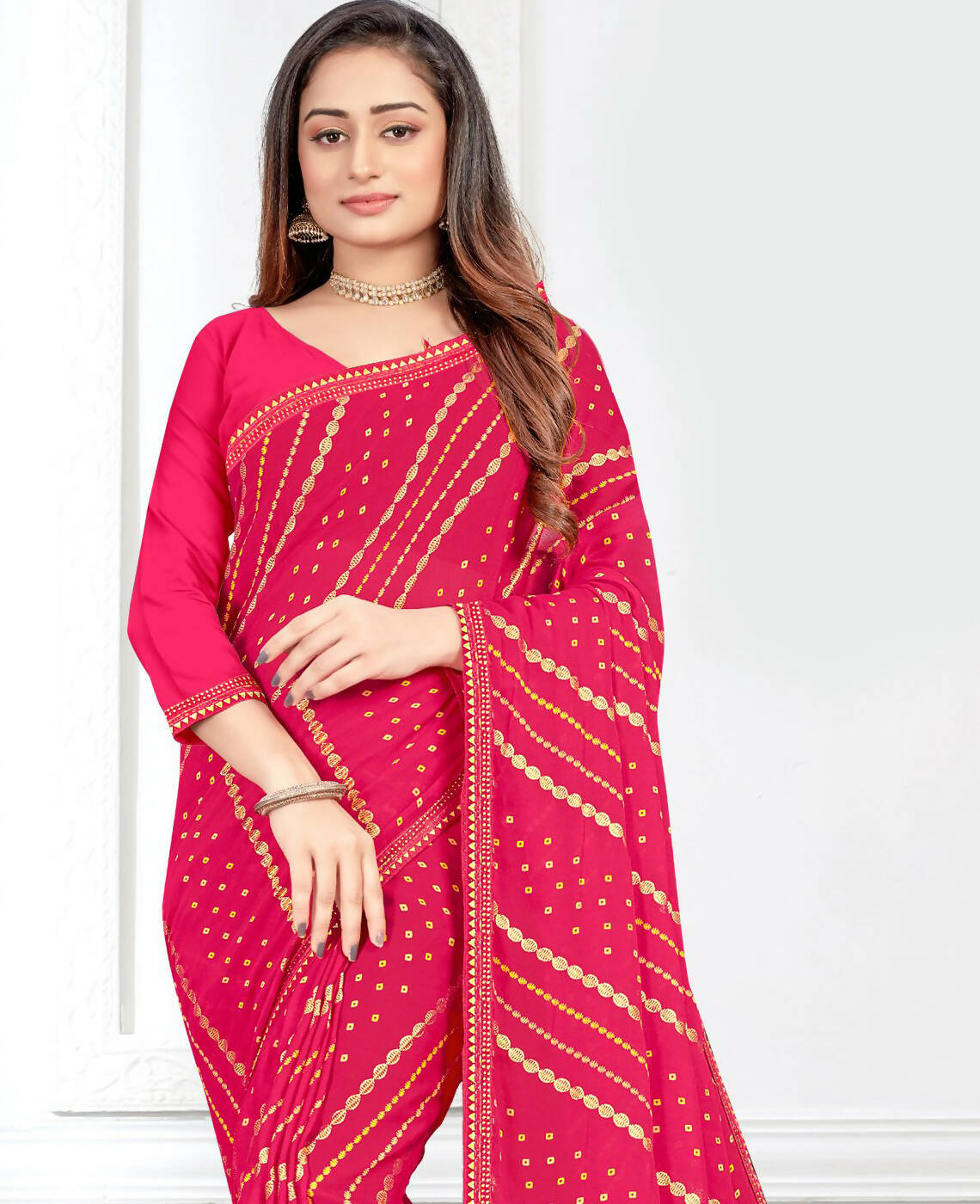 Pink Georgette Bandhani Printed Saree With Unstitched Blouse Piece - Jyoti