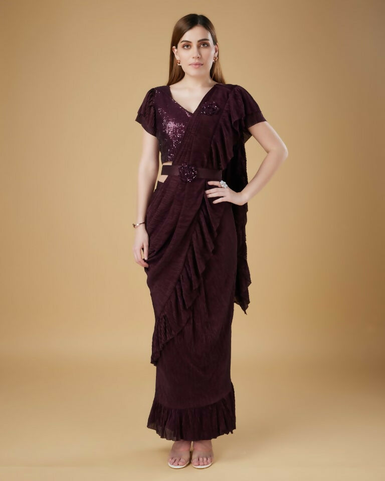 Wine Imported Crush Solid Ready to Wear Saree with stitched Blouse - Aayan